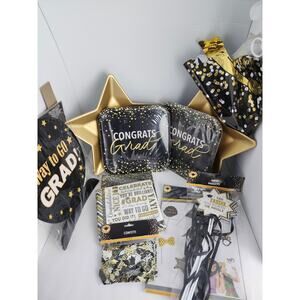 Graduation Party Decorations Lot Of 13 Pieces Gold/Black/White NEW Congrats